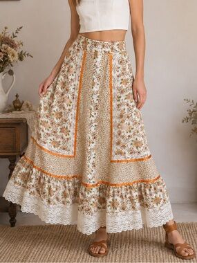 Vintage 70s Floral Prairie Maxi Skirt XS 24 Waist Cottagecore Boho